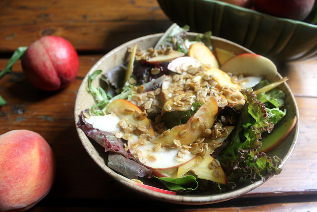 Peachy Salad with Savory Toasted Oats
