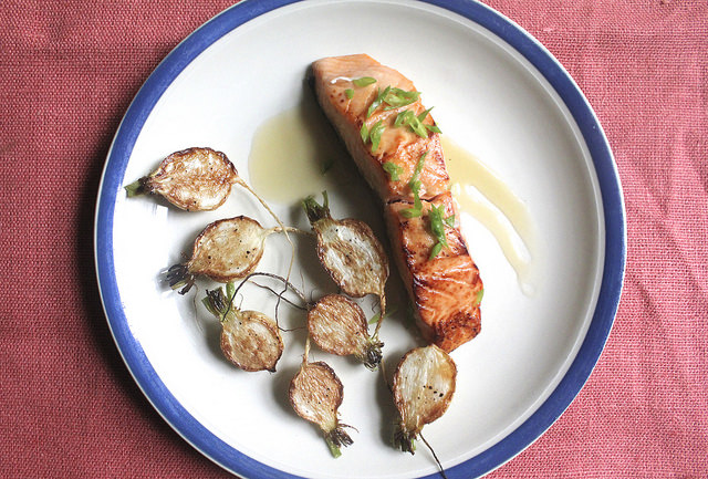 Miso-Marinated Salmon with Hakurei Turnips and Orange-Sake Butter