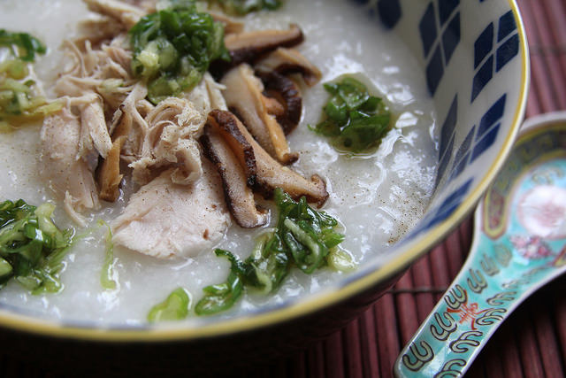 Congee with Shredded Turkey, Shiitake Mushrooms and Ginger Scallion Sauce