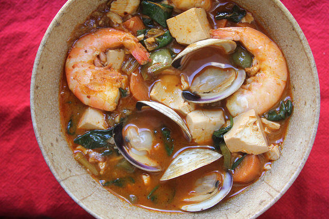 Spicy Korean-Style Seafood and Tofu Stew with Spinach (SoonDuBu Jigae)
