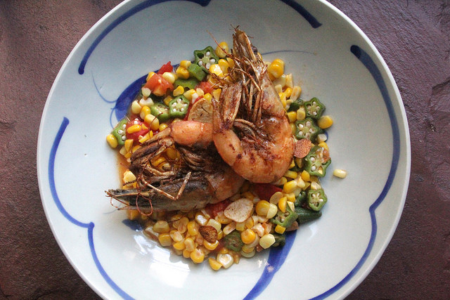 Fried Shrimp with Corn, Tomatoes and Okra