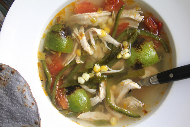 Chicken and Lime Soup with Corn and Poblano Peppers
