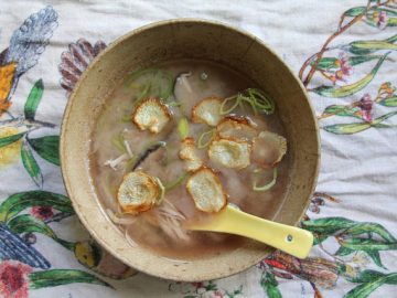 Miso Chicken Soup with Leeks, Cabbage, Shiitake Mushrooms and Radishes, with Radish Chips