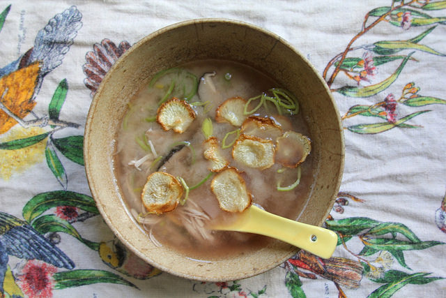 Miso Chicken Soup with Leeks, Cabbage, Shiitake Mushrooms and Radishes, with Radish Chips