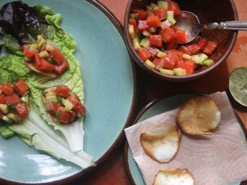 Salmon Poke with Chayote on Cassava Chips