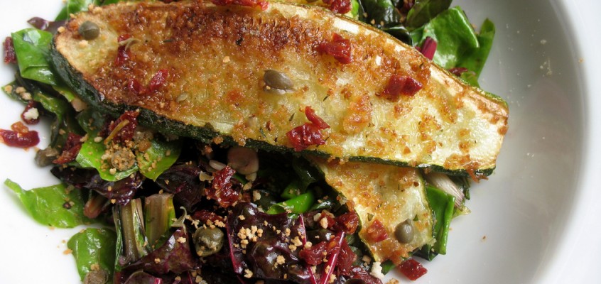 Breadcrumb Crusted Zucchini with Rainbow Chard