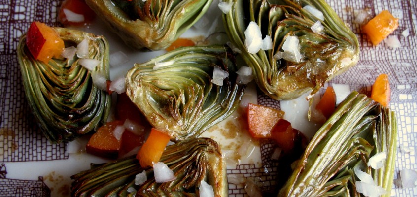 Steamed Artichokes with Lime Butter, Nectarines and Shallots