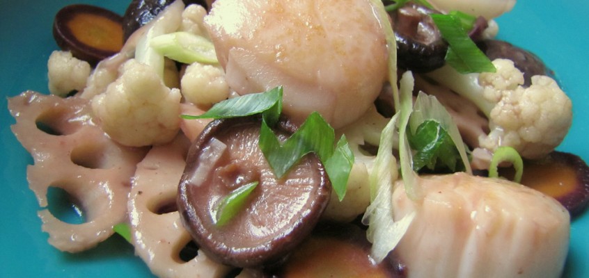 Sake Stir-Fried Scallops with Root Vegetables