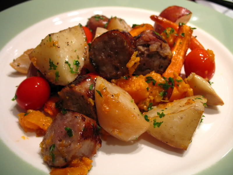 Root Vegetables Roasted with Sausage