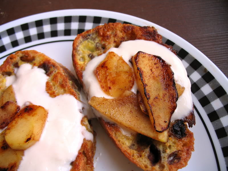 Cinnamon Raisin No-Knead Bread French Toast with Yogurt & Carmelized Apples
