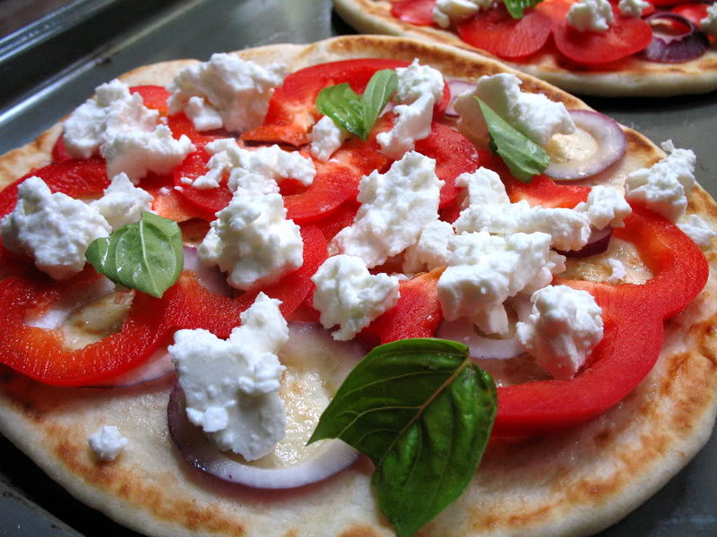 Red Pepper Pitzas with French Feta, Basil and Red Onion