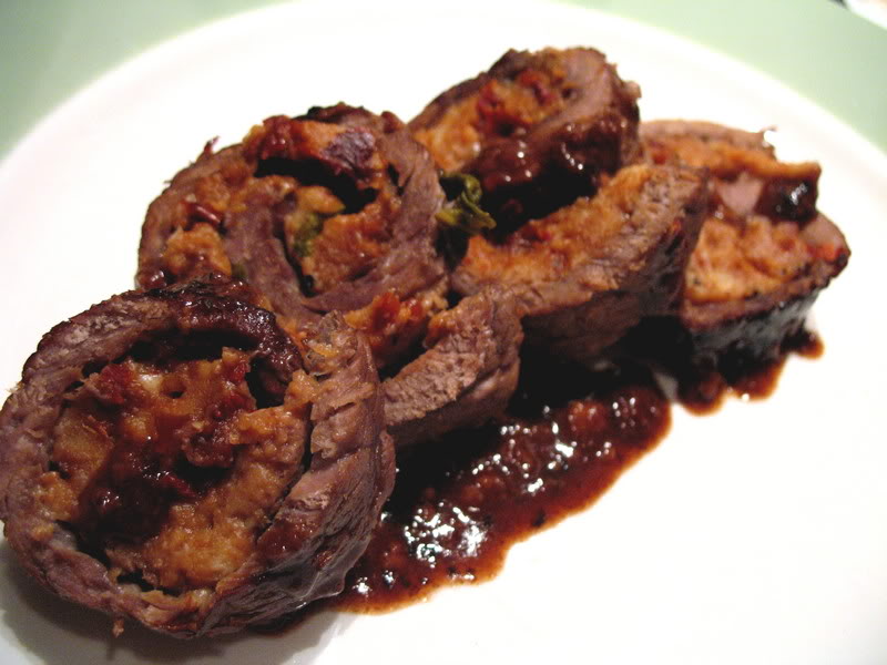 Braised Beef Braciole with Sundried Tomatoes & Basil and Roasted Potatoes & Okra