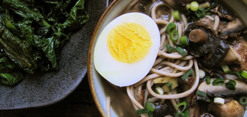 Mushroom Soba & Miso-Braised Mustard Greens