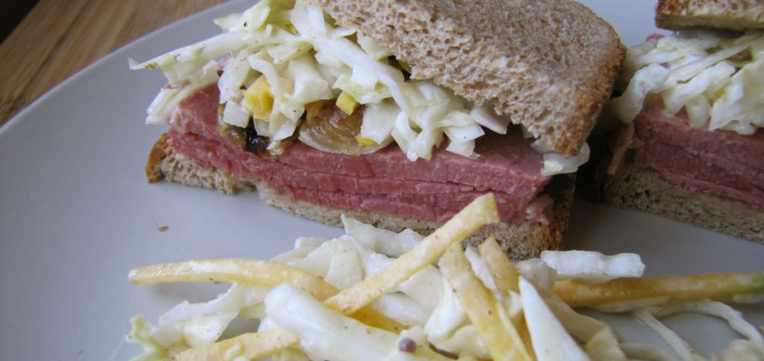 Corned Beef on Rye with Mustardy Coleslaw & Caramelized Onions