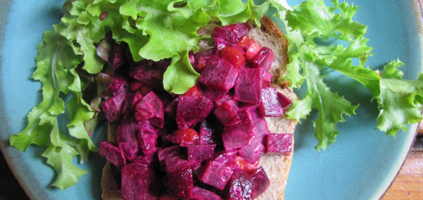 Spicy Beet Salad With Smoked Almonds on Toast