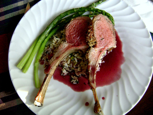 Rosemary Crusted Rack of Lamb with Wild Rice Ragout, Asparagus and Red Wine Reduction