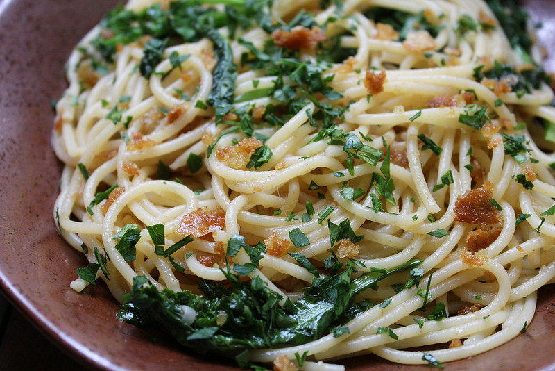 Spaghetti with Anchovies, Kale & Breadcrumbs