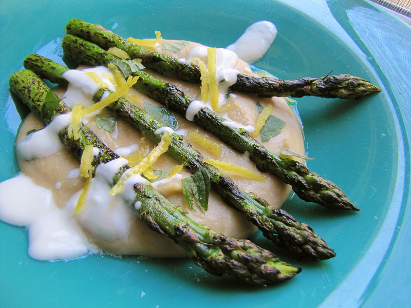 Grilled Asparagus with Red Lentil Puree, Mint & Yogurt
