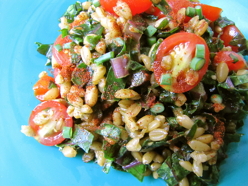 Smoked Paprika Freekeh Salad with Kale, Tomatoes & Garlic Scapes