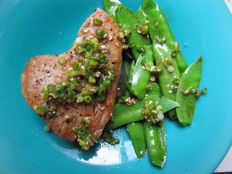 Seared Tuna Steak with Snow Peas and Ginger-Scallion Sauce
