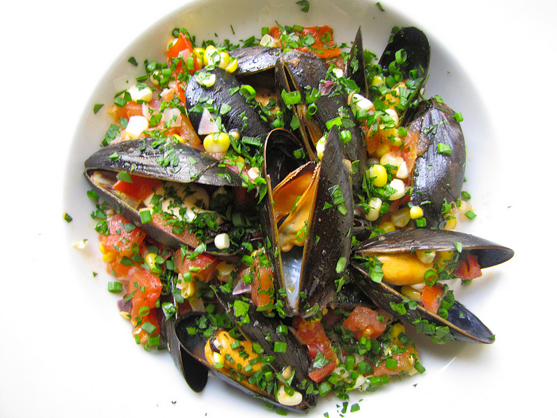 Steamed Mussels with Fresh Corn, Tomatoes & Herbs