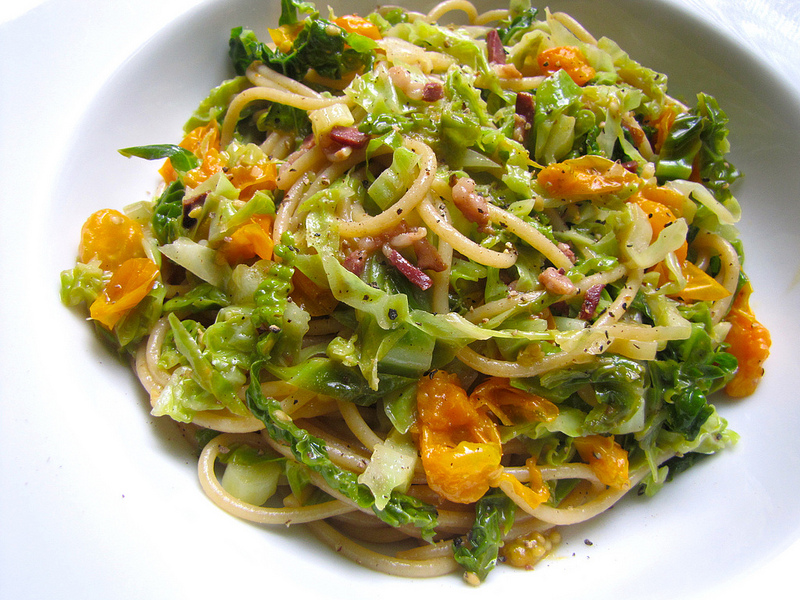 Spaghetti with Cabbage, Sungold Tomatoes and Duck Prosciutto