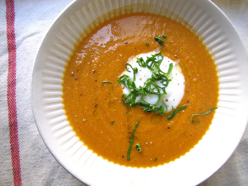 Roasted Tomato Corn Soup with Yogurt & Basil