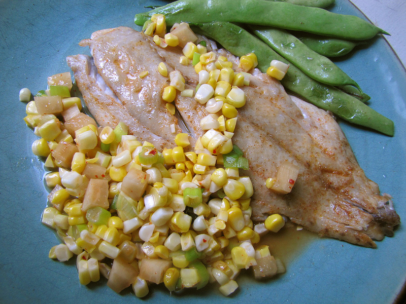 Broiled Bluefish with Romano Beans and Corn-Kimchi Salad