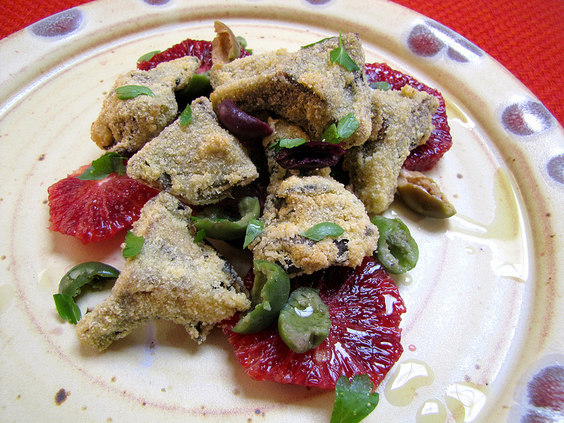 Fried Artichoke Hearts with Blood Oranges & Olives