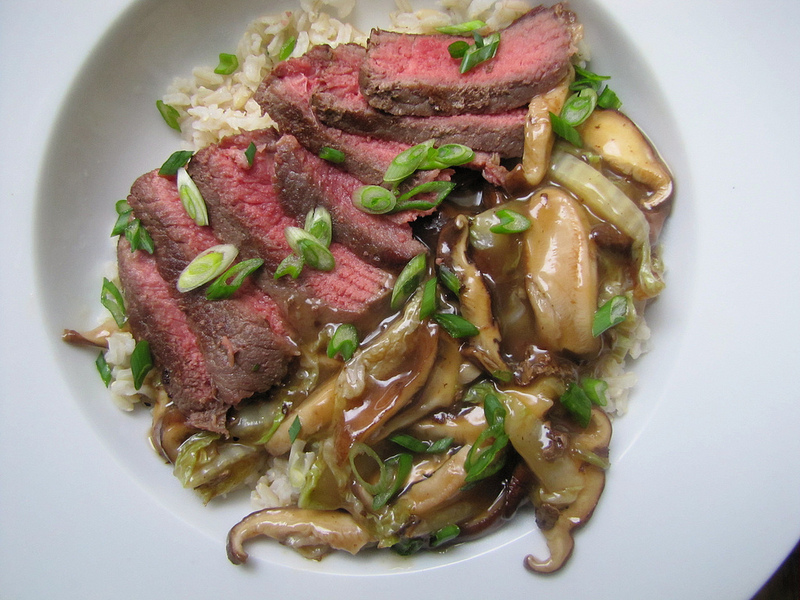 Soy-Marinated Steak with Shiitake Mushrooms and Napa Cabbage