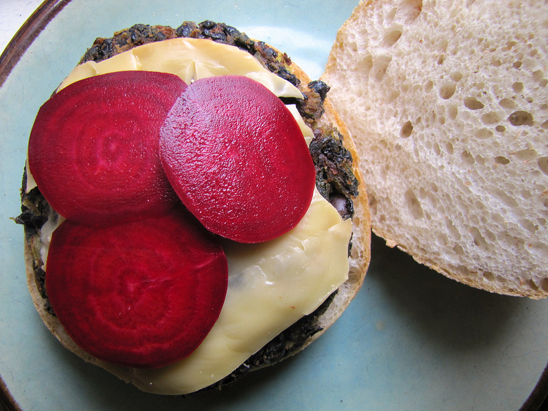 Black Bean and Swiss Chard Burger with Pickled Beets and Smoked Gouda