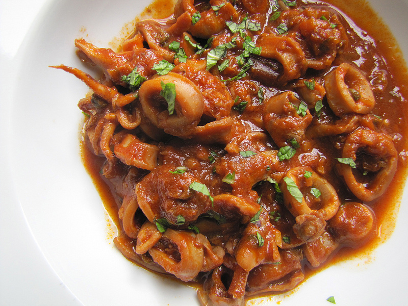 Calamari and Tomato Stew with Capers & Chilies