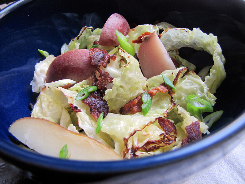 Seared Savoy Cabbage Salad with Potato, Bacon and Scallions