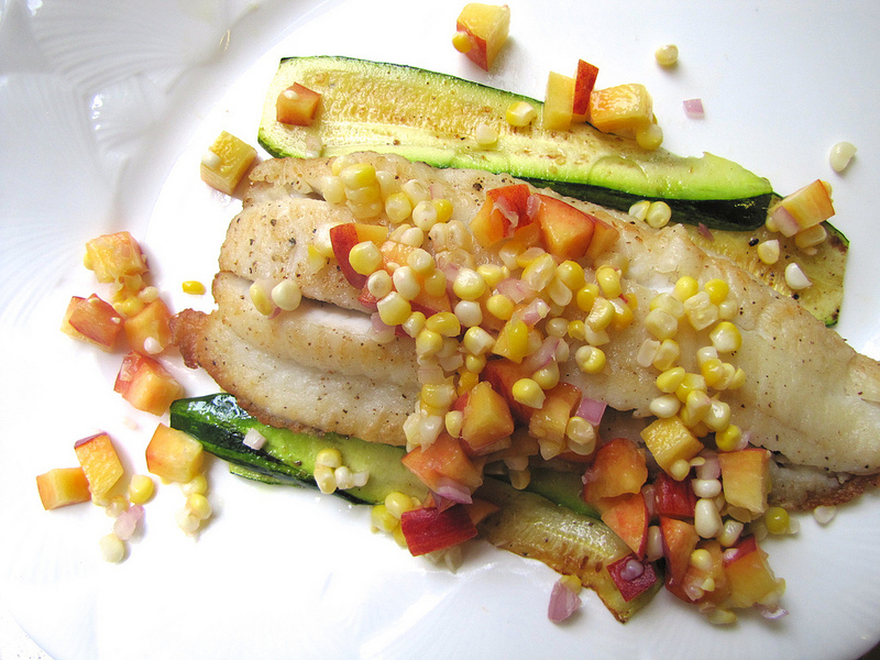 Pan-Roasted Flounder and Zucchini with Corn and Peach Salsa