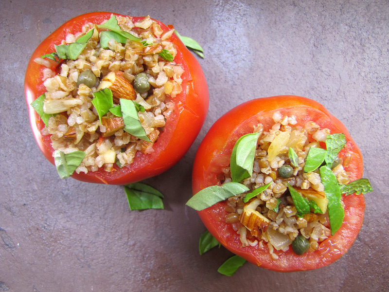 Stuffed Tomatoes with Bulgur, Almonds, Capers & Herbs