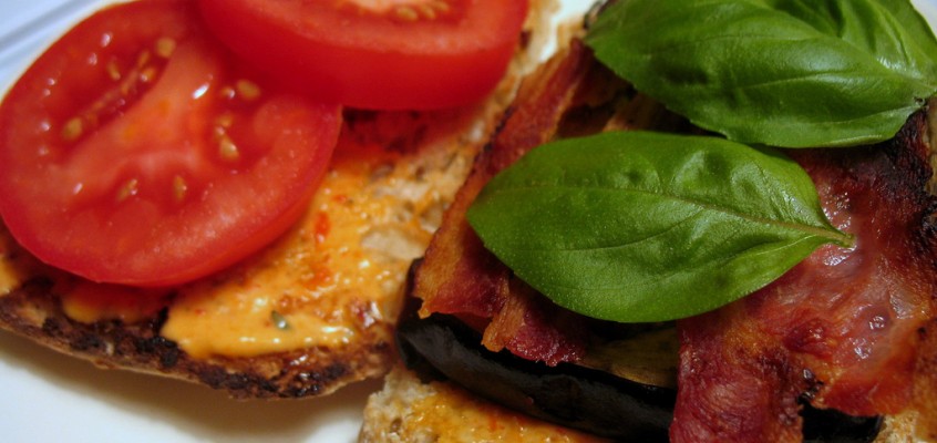 Roasted Eggplant BLT with Roasted Red Pepper Mayo