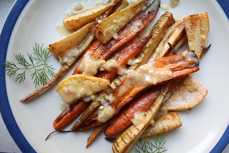 Roasted Root Vegetables with Miso Shallot Dressing