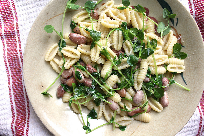 Cavatelli with Cranberry Beans and Pea Shoots